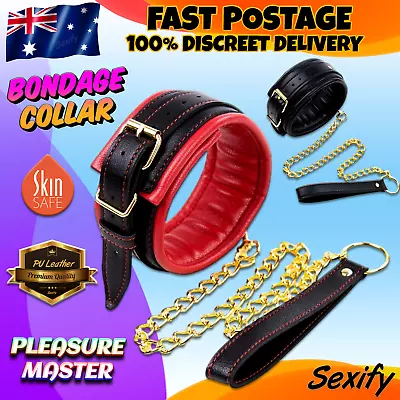 Bondage Collar Leash Pup Play Choker BDSM Restraint Couple PU Leather Sex Toy • $23.95