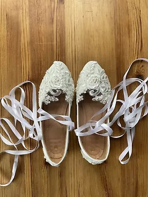 White Elegant Lace Up Wedding Flats Bridal Shoes JJ's House Size 38 Never Worn • £10