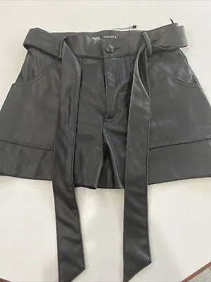 $29.95 • Buy Zara Black Faux Leather Tie Belted Paperbag Shorts Elastic Waist SZ S