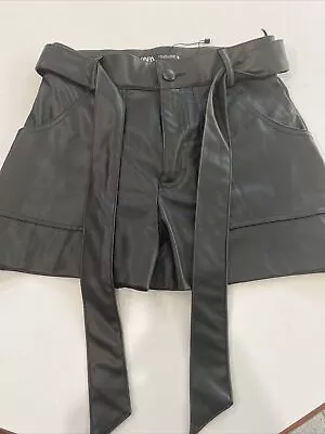 Zara Black Faux Leather Tie Belted Paperbag Shorts Elastic Waist SZ S • $29.95