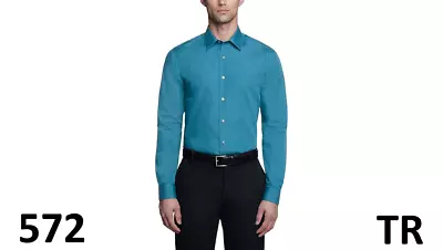 Van Heusen Men' Dress Shirt Fitted Poplin Solid Deep Sea 17 Neck 32 Sleeve XL • $16