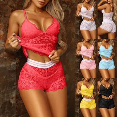 3PCS Womens Pyjamas Cami Vest Shorts Thong Lingerie Set Lace Silk PJs Lingerie • £9.29