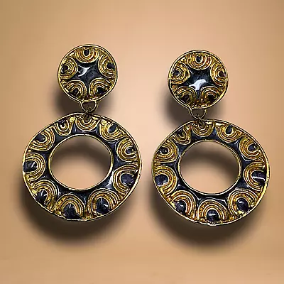 Vintage 1980s Brutalist Gold Tone & Blue Enamel Circle Dangle Clip On Earrings • $18.89