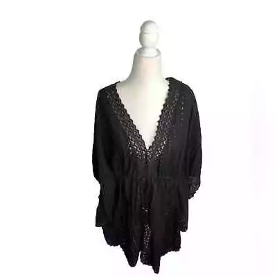 Echo By Bloomingdales Black Crochet Cinched Tassel Swim Cover Up Dress Sz OS • $29.95