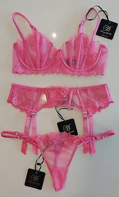 $299 • Buy Brand New Honey Birdette Natalie Shimmer Pink Bra 12B , Suspender & Thong Medium