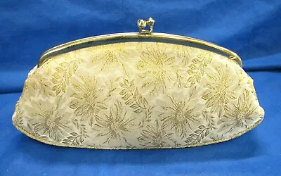 Vintage AVON By KADIN Kiss Lock CLUTCH Textured Knit BEIGE/GOLD Floral Pattern   • $6.83