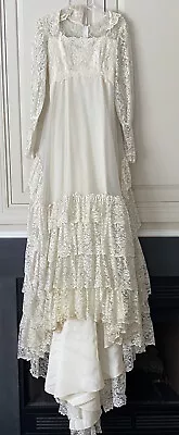 Vintage 70’s 80’s Ivory Lace Wedding Dress Victorian Cottage Core Train Bow LS • $117.99