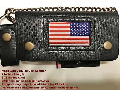 Genuine-Leather-Motorcycle-Trucker-Chain-Wallet-inside-Zipper USA Flag . B 28 • $14.99