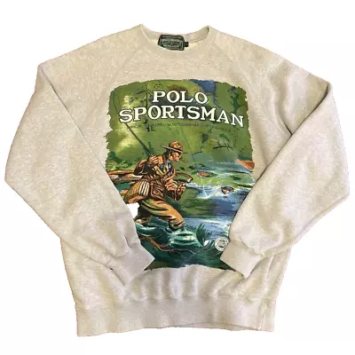 POLO COUNTRY SPORTSMAN Fishing Crewneck Sweater Ralph Lauren Gray Size 170 M-L • $264