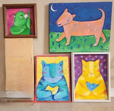 Lot Of 4 Deybra Fair Original Artwork Of Dog Cats Gecko Paintings Maui Artist • $600