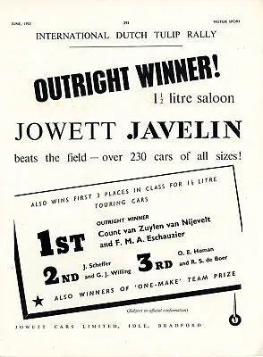 Jowett Javelin 1953 Tulip Rally WinnersZuylen Nijevelt Eschauzier Scheffer Homan • $4.80
