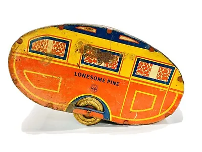 1940's MARX LONESOME PINE TRAVEL TRAILER CAMPER VINTAGE TIN TOY  PULL BEHIND • $210.45