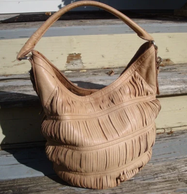£59.60 • Buy LIEBESKIND BERLIN Tan Leather Boho Hobo Bucket Hippie Handbag Fringe Cut Large