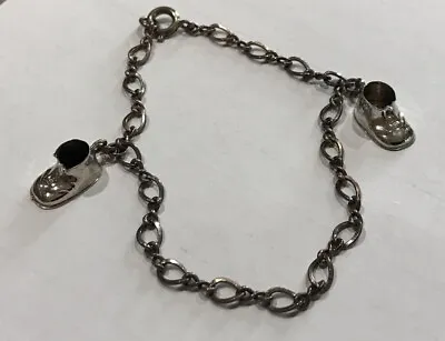 VTG Sterling BABY BOOTIES CHARM BRACELET- Mother's Set Of 2 Shoes Baby Shower 7  • $16.99