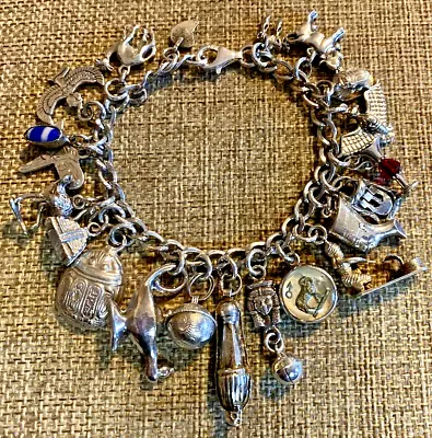 VTG Sterling Silver Egyptian Charm Bracelet - Scarabs Snake Charmer Sarcophagi • $269.99