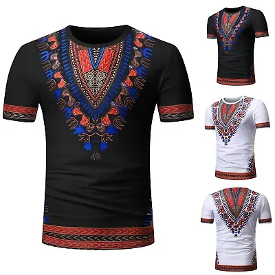 Men African Dashiki Shirt Short Sleeve Afircan Tribal T Shirt V Neck Tee Tops • £13.18