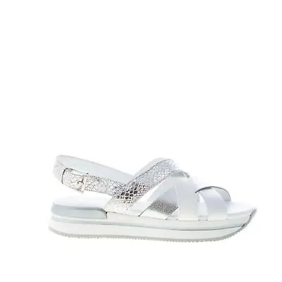 HOGAN Women Shoes H257 Sandal White Leather Silver Laminated Reptile Print Wedge • $249.80