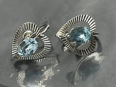 Vintage Sterling Silver Van Dell Blue Topaz ScrewBack Heart Earrings Signed 3.4g • $35