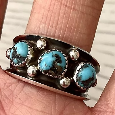 Turquoise Band Ring Sz 10.5 Navajo 5g 12mm  Sterling Mens Three Stone Dark • $89.94