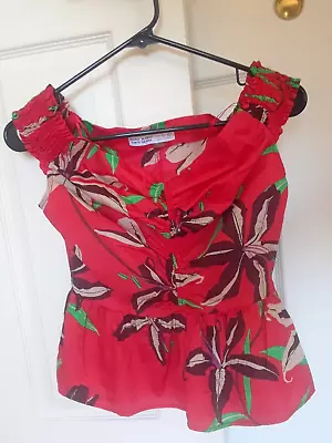 Zara Red Blouse Smocked Off Shoulder Tropical Floral Women's S Top Slim Fit • $4.99