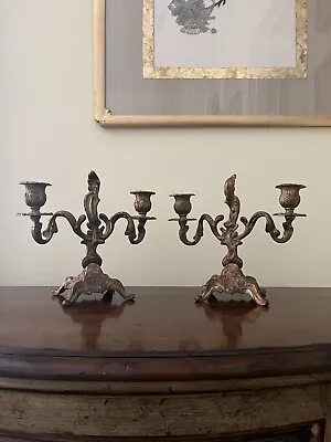 Vintage Italian Rococo Heavy Brass Candelabra A Pair. • $199