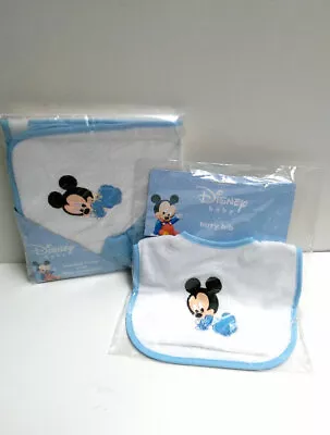 Disney Baby MICKEY MOUSE Hooded Towel W/ Washcloth Set + Terry Bib Boys Infant • $12.34