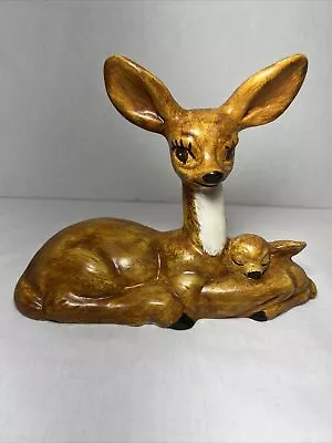 Vintage Ceramic Large Ear Doe And Fawn Deer 3 3/8  Tall 1979 Retro Kitchy Cute • $19