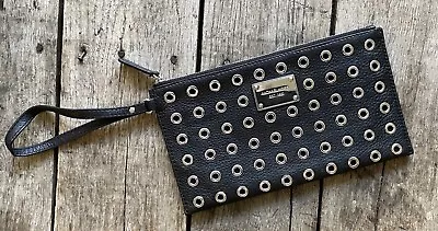 Michael Kors Brooklyn Black Leather Silver Tone Grommets Zip Wristlet Clutch Htf • $125