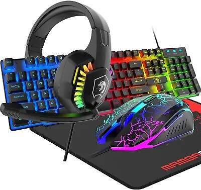 $11.79 • Buy 4 In1 UK Layout 104Keys Wired Gaming Keyboard Mouse And Headset Set Rainbow LED