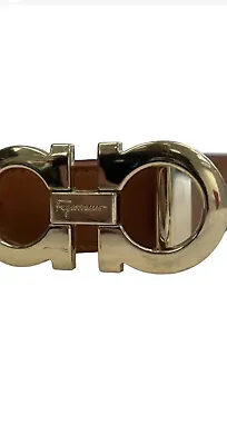£200 • Buy SALVATORE FERRAGAMO Brown Leather Embossed Logo Gold Buckle Belt 50/125