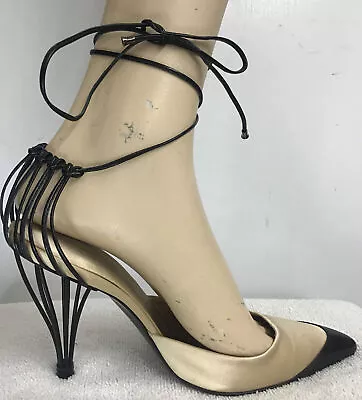 Chanel Shoe Ivory Satin Black Leather Straps Cap Point Toe Metal Cage Heel 38.5 • $395