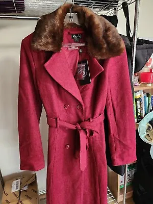 BNWT Collectif Caron Coat UK12/M Burgundy Rockabilly Vintage Winter Revival Fur • $110