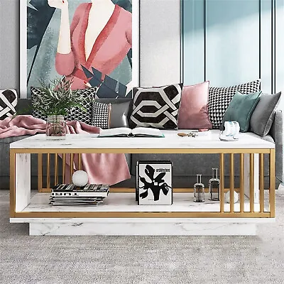 Modern Coffee Table High Gloss Marble Veneer Rectangle Living Room White GOLD US • $109.24