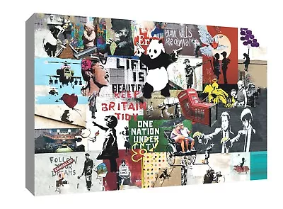 Banksy Collage  CANVAS WALL ART Framed Ready To Hang All Sizes Small  Xxl • £14.99