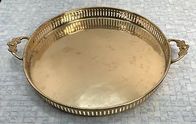 Vintage 11  Brass Butlers Serving Tray With Handles & Pierced Sides Vanity Bar • $19.97