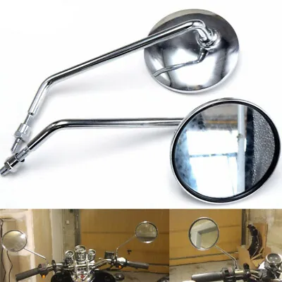 Clear Chrome Motorcycle MIRRORS STAINLESS PAIR Round Stock Style Long Stem 10mm • $23.90