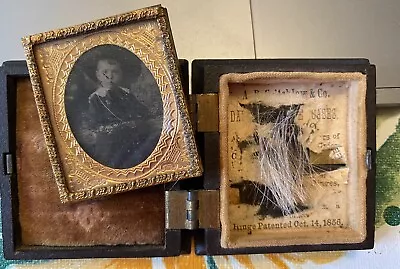 Antique 16th Plate Daguerreotype Boy In Wide Hat~Critchlow Case W/Lock Of Hair • $50