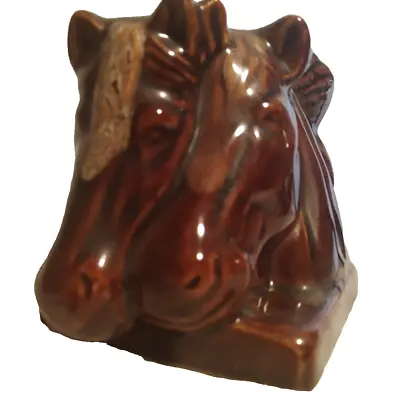 Glossy Dark Brown Vintage 2 Horse Head Planter Vase 4 X 5 Art Pottery Wall Shelf • $18