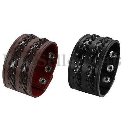 Mens Leather Braided Bracelet Wide Cuff Bangle Gothic Punk Wristband Adjustable • $8.99