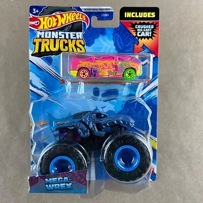 Hot Wheels Monster Trucks Mega Wrex Blue & Crushed Car Blind Sided 1:64 Diecast • $5.99