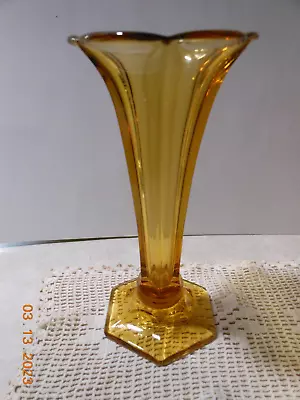 Vtg Val St Lambert Belgium Tall Clear Amber Crystal Vase Trumpet Style 7.5  L@@k • $24.95