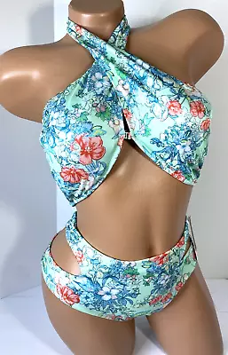 Victoria's Secret Swimsuit Bikini Set Green Floral High Neck Halter New S Small • $27.95