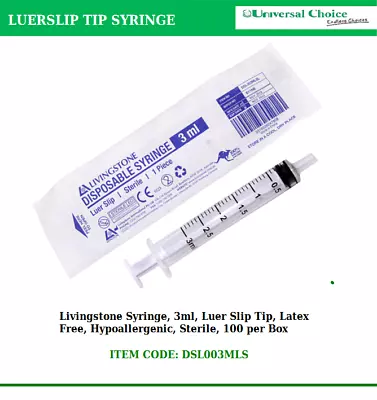 Livingstone Syringe 3ml Luer Slip Tip Latex Free Hypoallergenic Sterile 100/Box • $10.95