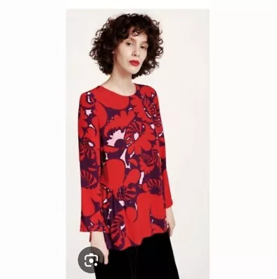Marimekko 36 6 Red Floral Siggur Akileija Rayon Tunic Blouse Top  • $44.95
