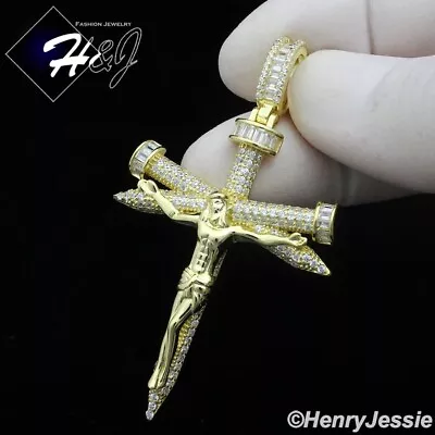 925 Sterling Silver Icy Baguette Cz Gold Plated 3d Nail Jesus Cross Pendant*g402 • $47.99