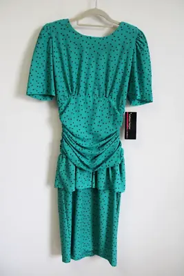 NWT VTG 1980s Melissa Harper 11/12 Ruched Green Cat Dress | Librarian Chic • $20