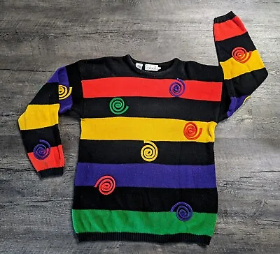 Vintage 1980s Funky Spiral Knit Rafaella Rainbow Colorblock Ramie Sweater Size M • $49.95