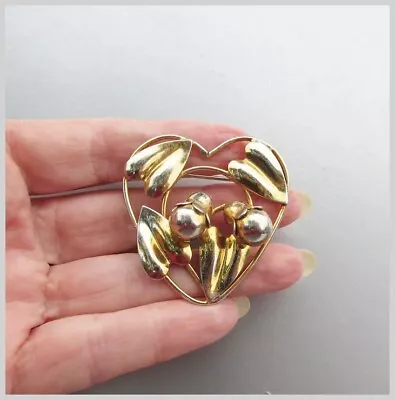 1940s Signed McClelland BARCLAY Sterling Silver Vermeil Heart & Leaf Pin • $39.98