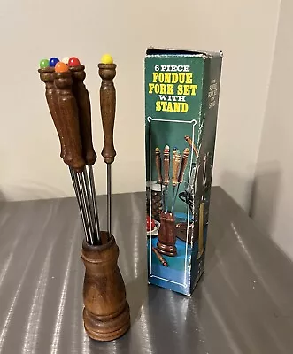 Vintage 6 Pc Fondue Fork Set With Wood Handles And Stand Box Mid Century Party • $15