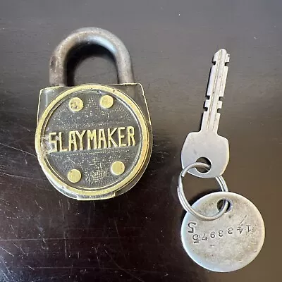  SLAYMAKER  BRASS WARDED PADLOCK W/ KEY OLD ANTIQUE LOCK VINTAGE LOCK Military • $38